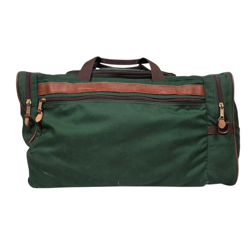 Vintage 90s LL Bean Duffle Bag Mens Large Green Canvas Leather Travel Luggage